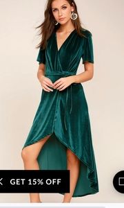LULUS AMOUR TEAL GREEN VELVET HIGH LOW WRAP DRESS"